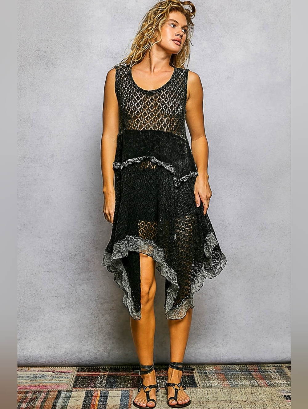 POL Texture Lace Ruffled Sleeveless Dress